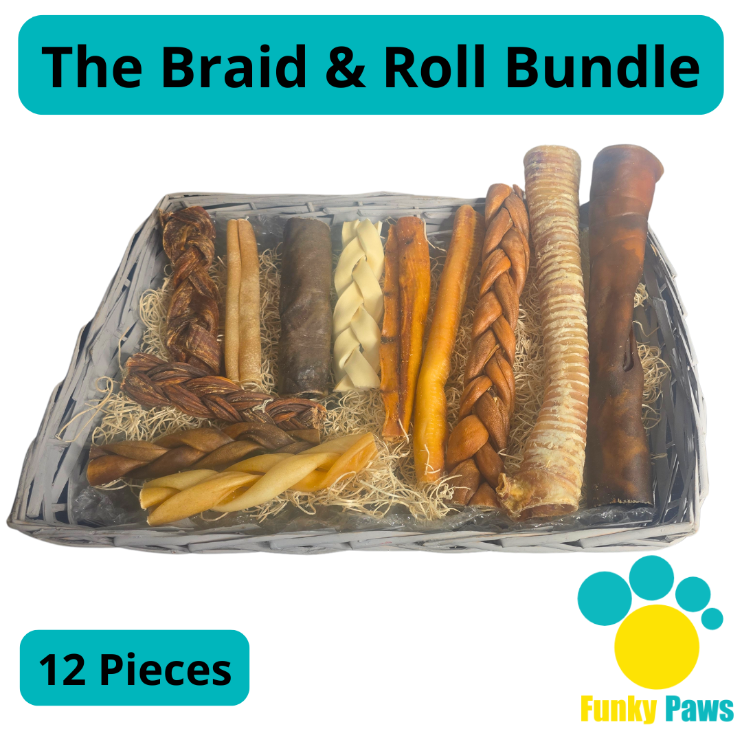 Braid and Roll Bundle by Funky Paws Co – natural braided and rolled dog chews UK
Assortment of tough, braided and rolled dog chews from Funky Paws Co