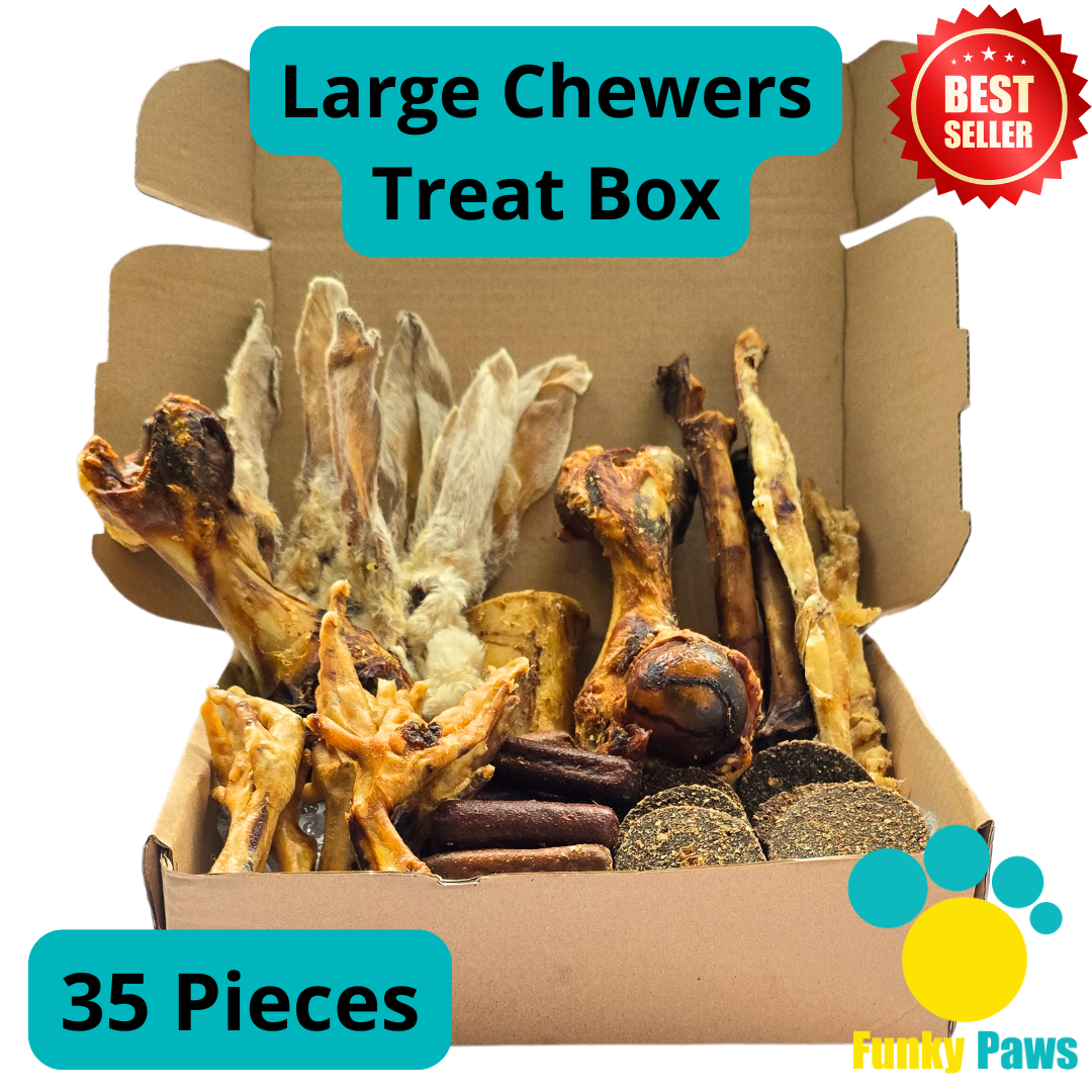 35 Piece All Natural Large Chewers Treat Box by Funky Paws Co – natural dog chews UK
Selection of tough, natural dog chews for large breeds from Funky Paws Co