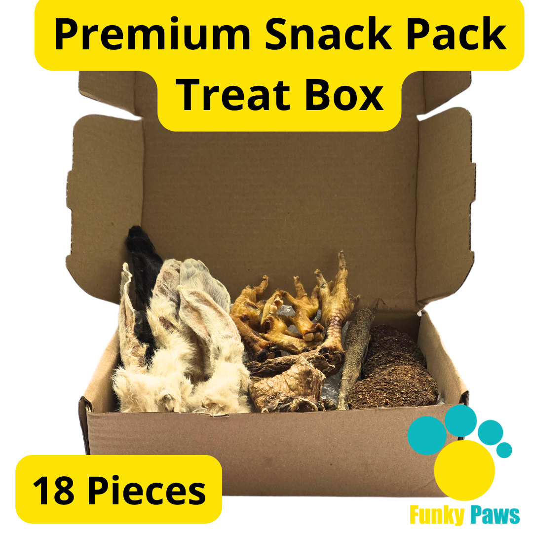 18 Piece Premium Snack Pack by Funky Paws Co – natural dog treat selection UK
Assortment of premium natural dog chews and snacks from Funky Paws Co