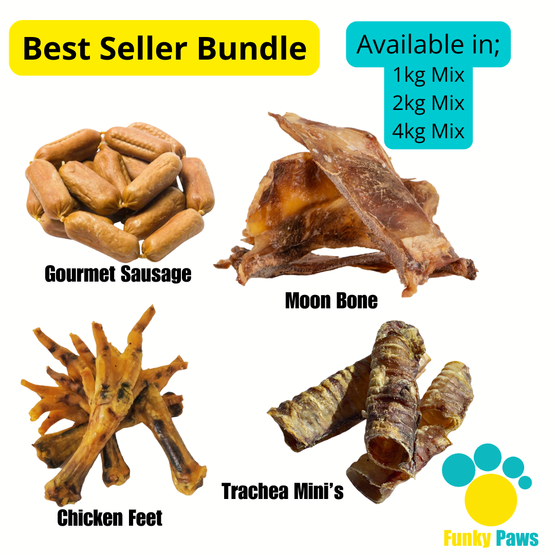 Best Seller Bundle natural dog treat mix including gourmet sausages, moon bone, chicken feet and trachea minis