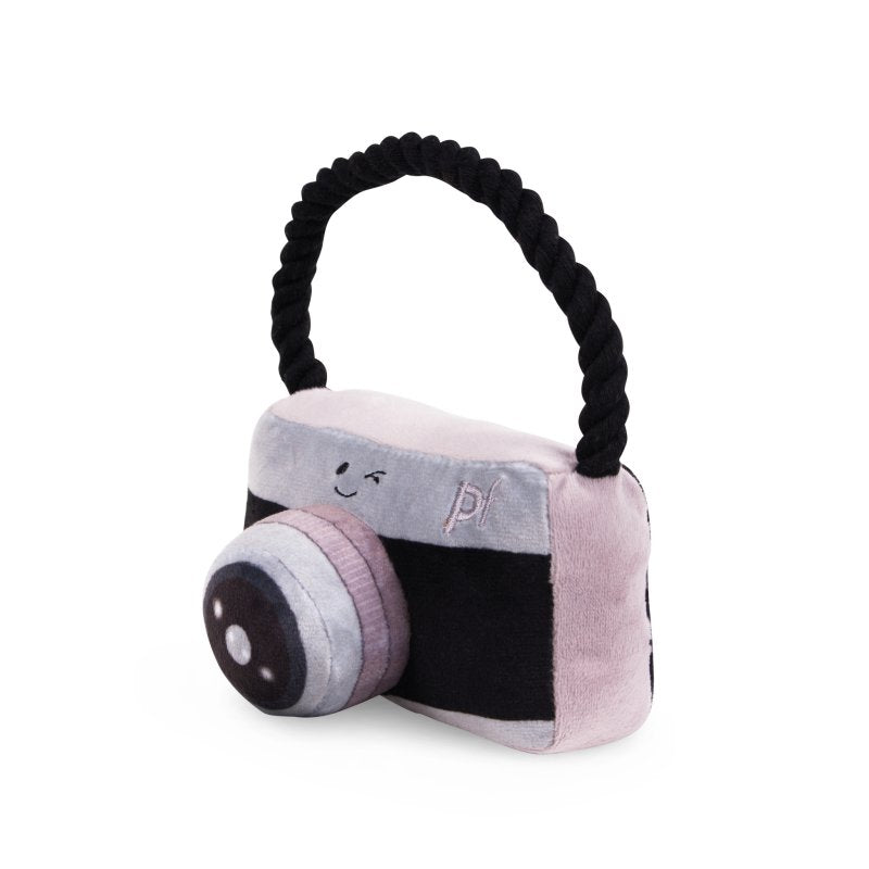 Petface Retro Camera With Rope Plush Dog Toy - lifestyle shot | Funky Paws Co
