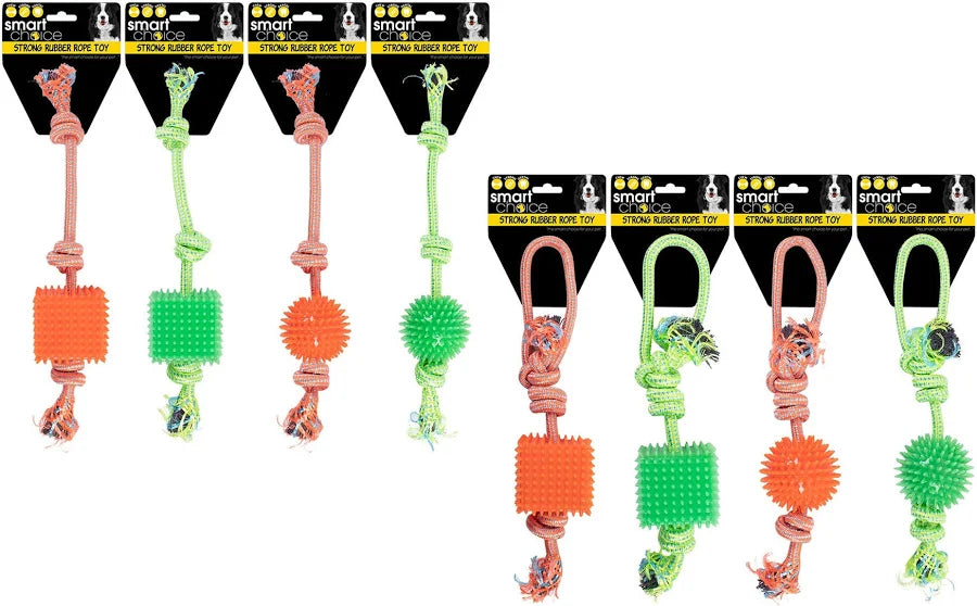 Smart Choice Rubber Cube & Ball Rope Tug Dog Toy – Assorted Colours